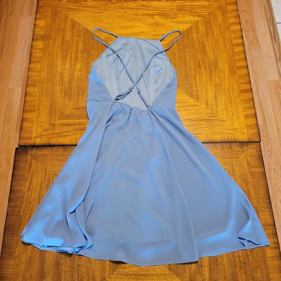 Lulu's Smoky Blue Backless Chiffon Cocktail Dress - Picture 7 of 13